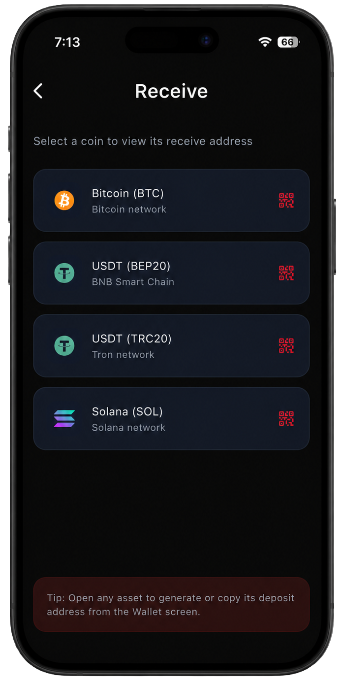GoTop receive crypto screen